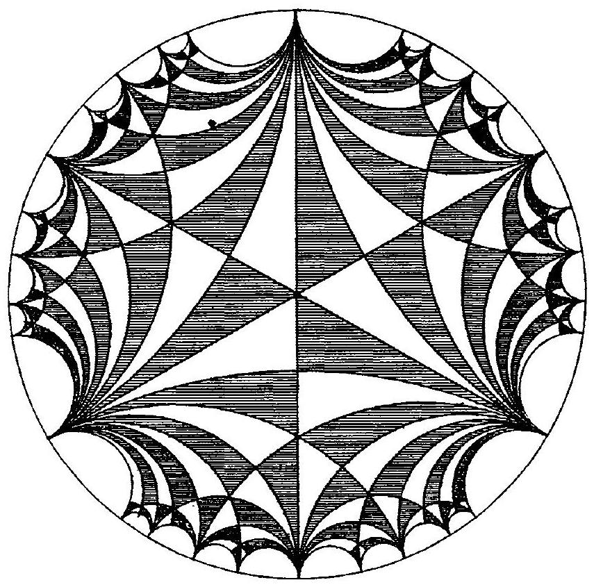 Figure 7.10. The modular tiling from our ancestral home. The tessellation generated by the full modular group, conjugated over to the unit disk. This beautiful rendition is Figure 35 in Vol. 1 of Vorlesungen äber elliptischen Modulfunctionen by Klein and Fricke. 图 7.10. 来自我们祖居的模密铺。由完整模群生成的镶嵌图案，经共轭映射到单位圆盘上。这幅美丽的图像是克莱因和弗里克所著《椭圆模函数讲义》第一卷中的图 35。