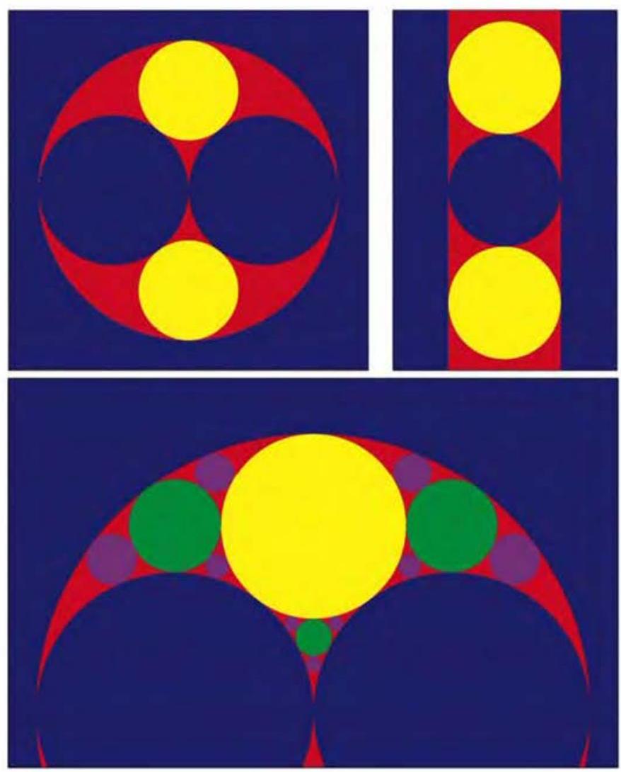 Figure 7.2. Activating the gasket. On the top left, the three largest disks which activate the gasket are shown in blue. One of the three disks appears as the outer blue region which frames the picture, because it contains the point \infty, the North Pole on the Riemann sphere. On the top right, two of the disks are tangent at \infty, so that you see them in the picture as parallel blue strips. Removing the blue circles leaves two red ideal triangles. Inside each ideal triangle is an incircle, coloured yellow. Below, we see more levels of incircles. 图 7.2. 激活垫片。左上图中，标出的三个最大圆盘以蓝色呈现，正是它们激活了垫片。其中一个圆盘显示为环绕整幅图像的外部蓝色区域，这是因为它包含了点 \infty，即黎曼球面上的北极点。右上图中，其中两个圆盘在 \infty 处相切，因此在图中呈现为两条平行的蓝色带状区域。当我们移除这些蓝色圆盘后，图中便显现出两个红色的理想三角形。每个理想三角形内部都嵌有一个黄色内切圆。下方图示进一步展示了更深层次的内切圆结构。